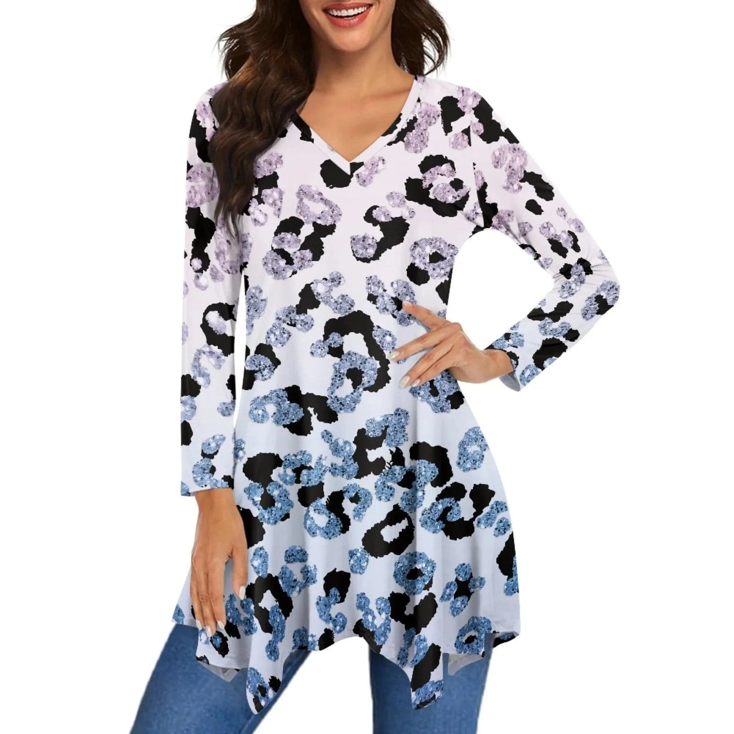 2024 Luxury Leopard Print Womens Long Sleeve Irregular Casual Tunic Tops Spring Autumn Shirt Dressy Blouses and Shirts for Women