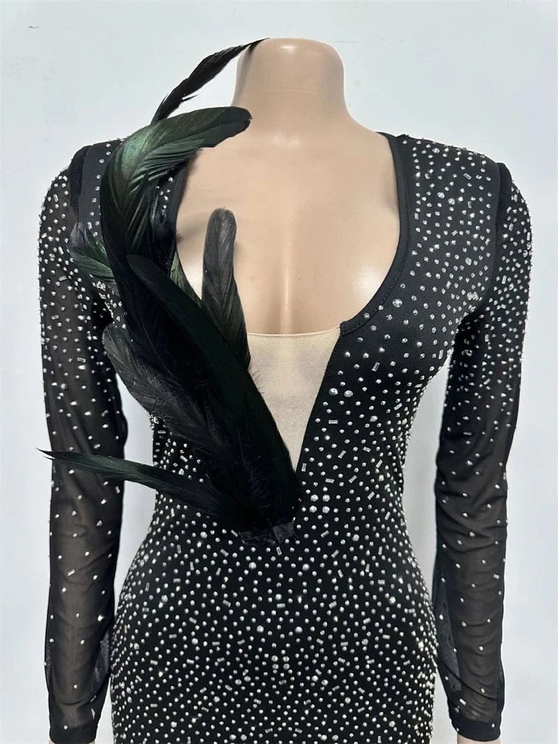 2024 luxury women ladies elegant sweetheart feather rhinestone heavy beaded sexy big boobs long sleeve tight evening dress