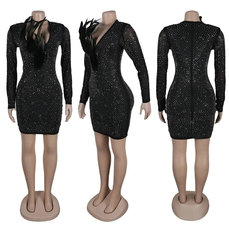 2024 luxury women ladies elegant sweetheart feather rhinestone heavy beaded sexy big boobs long sleeve tight evening dress