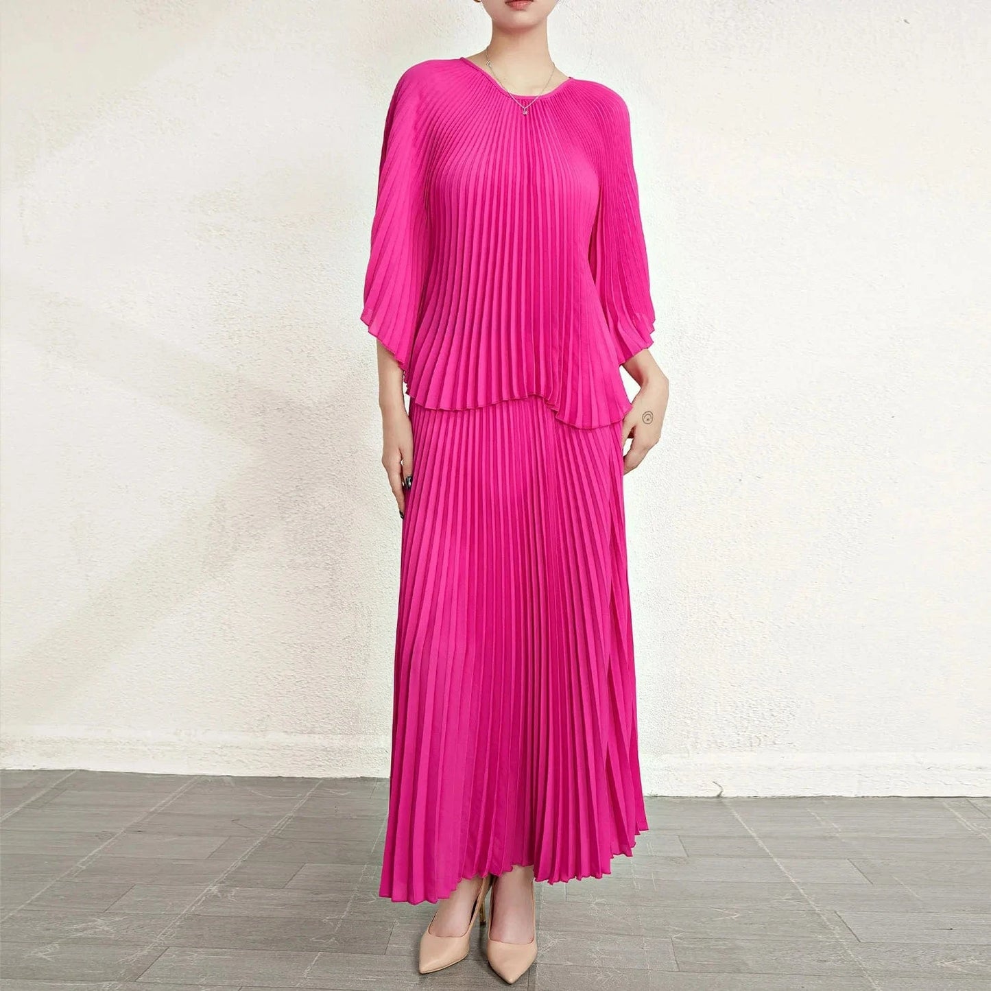 2024 Miyake Pleated 2-Piece Set Batwing Sleeve Ruffle Top Pleated Skirt Women's Set Casual Elegant Women's Two-piece Set