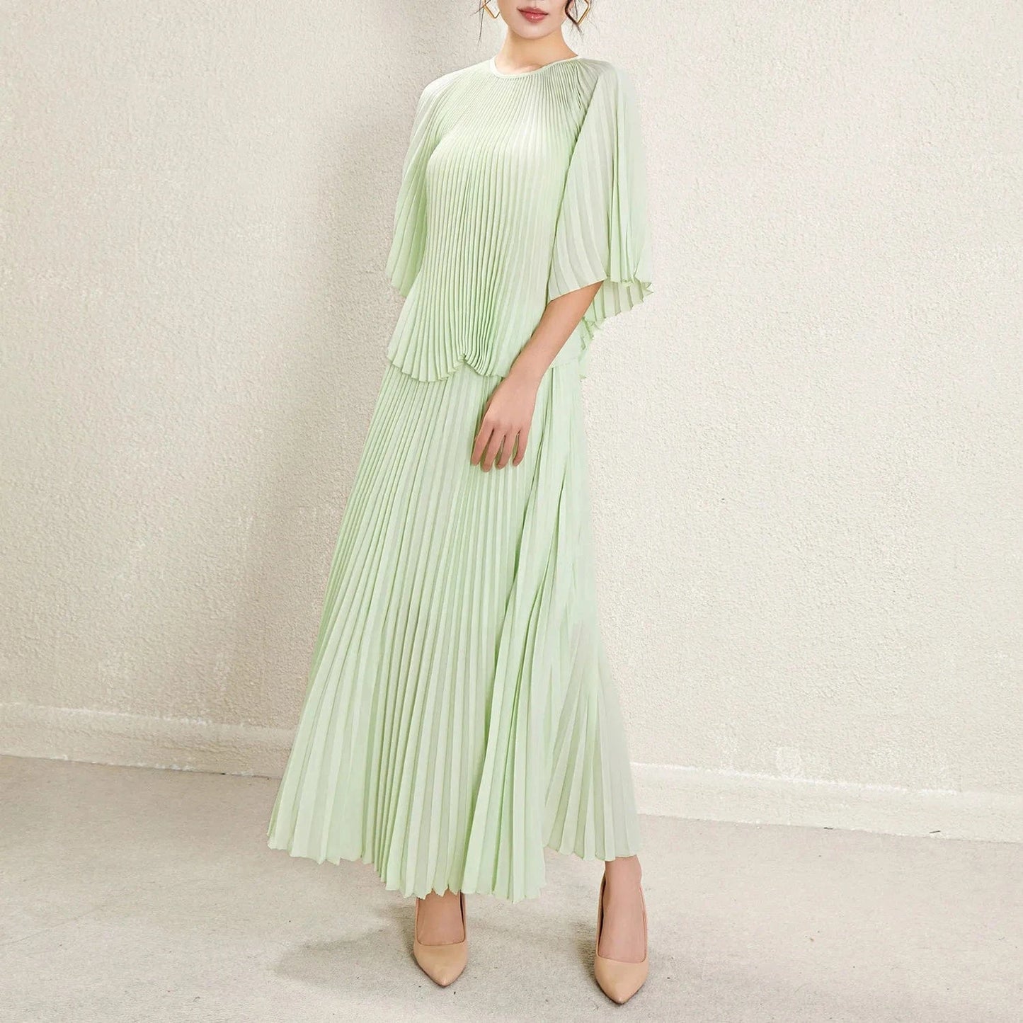 2024 Miyake Pleated 2-Piece Set Batwing Sleeve Ruffle Top Pleated Skirt Women's Set Casual Elegant Women's Two-piece Set