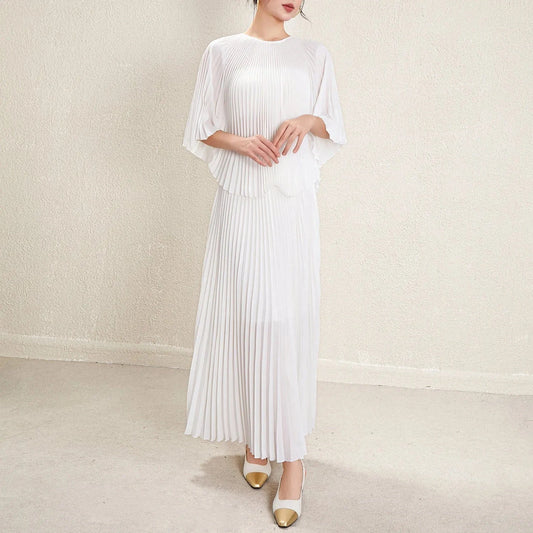 2024 Miyake Pleated 2-Piece Set Batwing Sleeve Ruffle Top Pleated Skirt Women's Set Casual Elegant Women's Two-piece Set