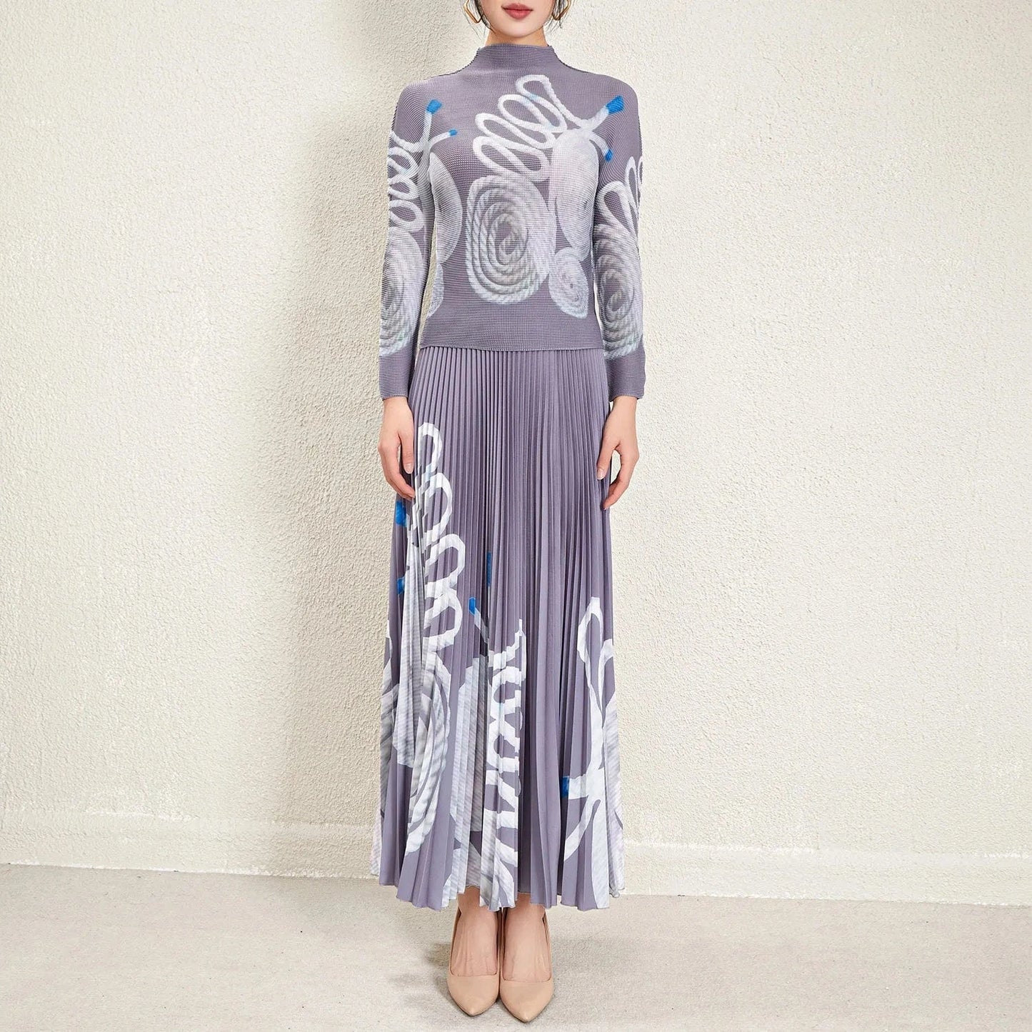 2024 Miyake Pleated Skirt Two-piece Set Fashionable Long-sleeved Women's Elegant Print Accept Customized Women's Two-piece Set