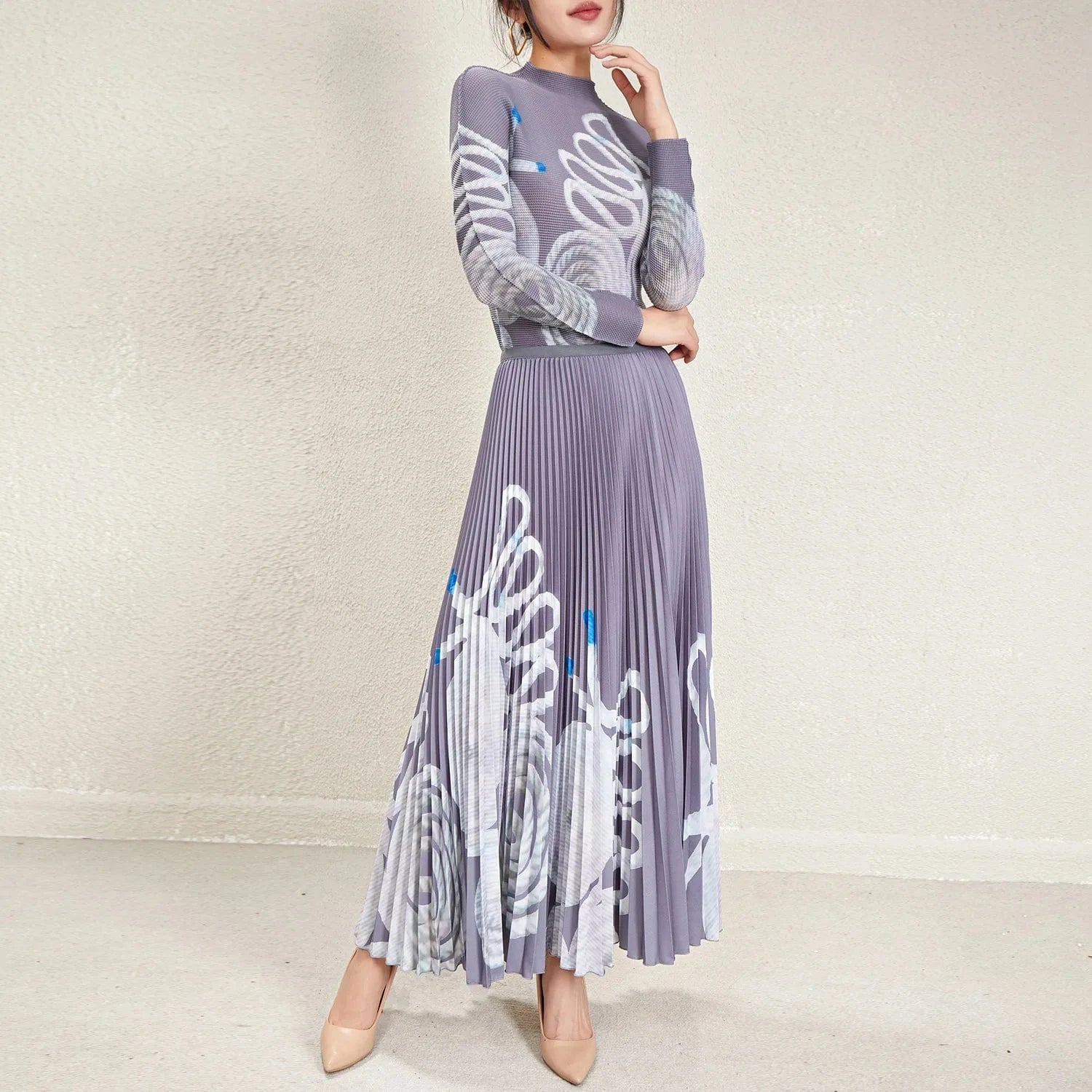 2024 Miyake Pleated Skirt Two-piece Set Fashionable Long-sleeved Women's Elegant Print Accept Customized Women's Two-piece Set