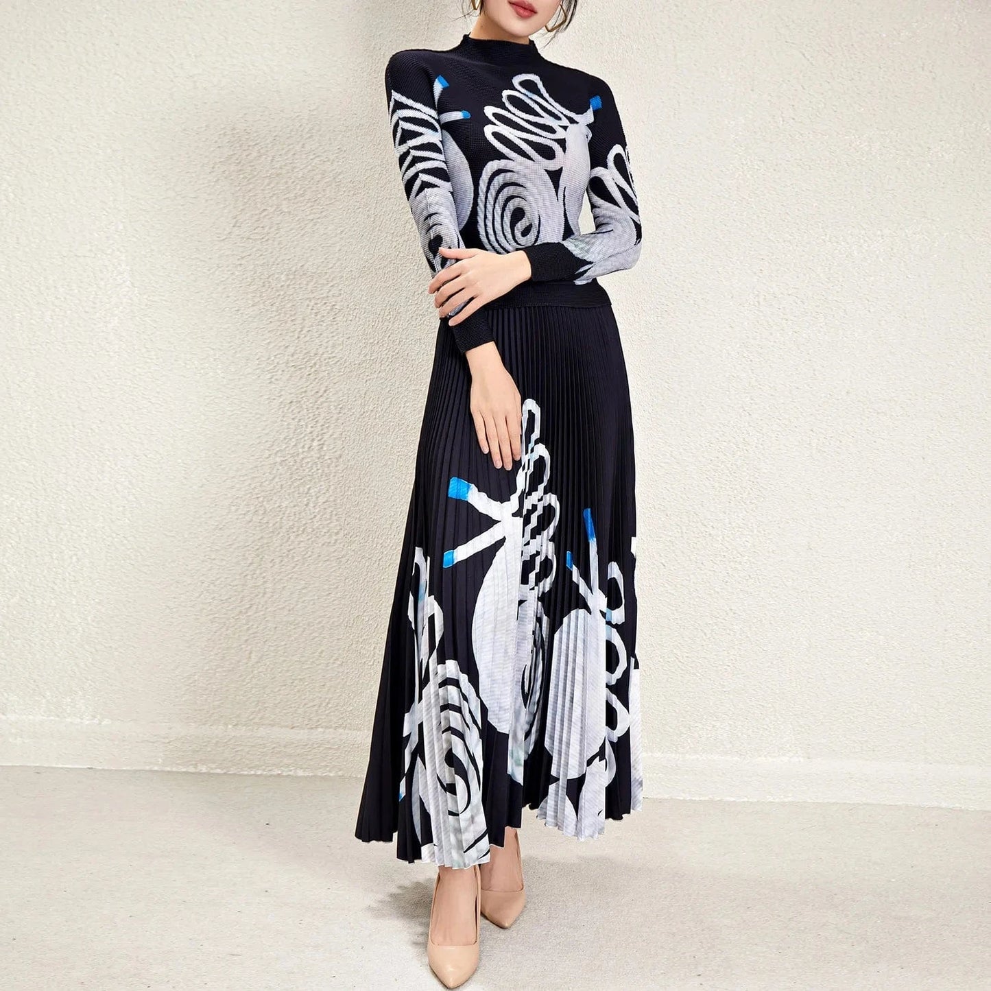 2024 Miyake Pleated Skirt Two-piece Set Fashionable Long-sleeved Women's Elegant Print Accept Customized Women's Two-piece Set