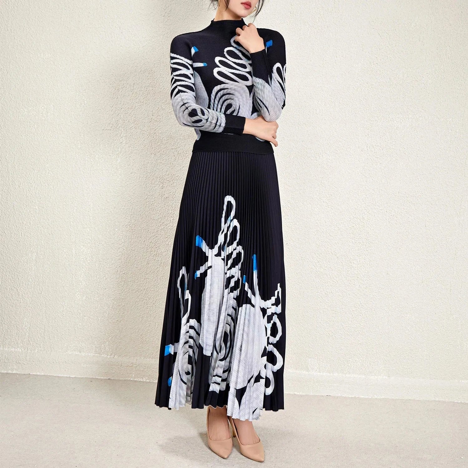 2024 Miyake Pleated Skirt Two-piece Set Fashionable Long-sleeved Women's Elegant Print Accept Customized Women's Two-piece Set