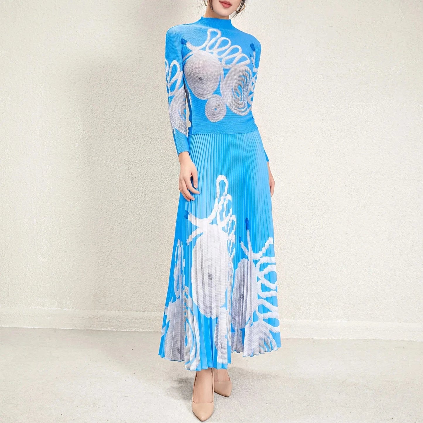 2024 Miyake Pleated Skirt Two-piece Set Fashionable Long-sleeved Women's Elegant Print Accept Customized Women's Two-piece Set