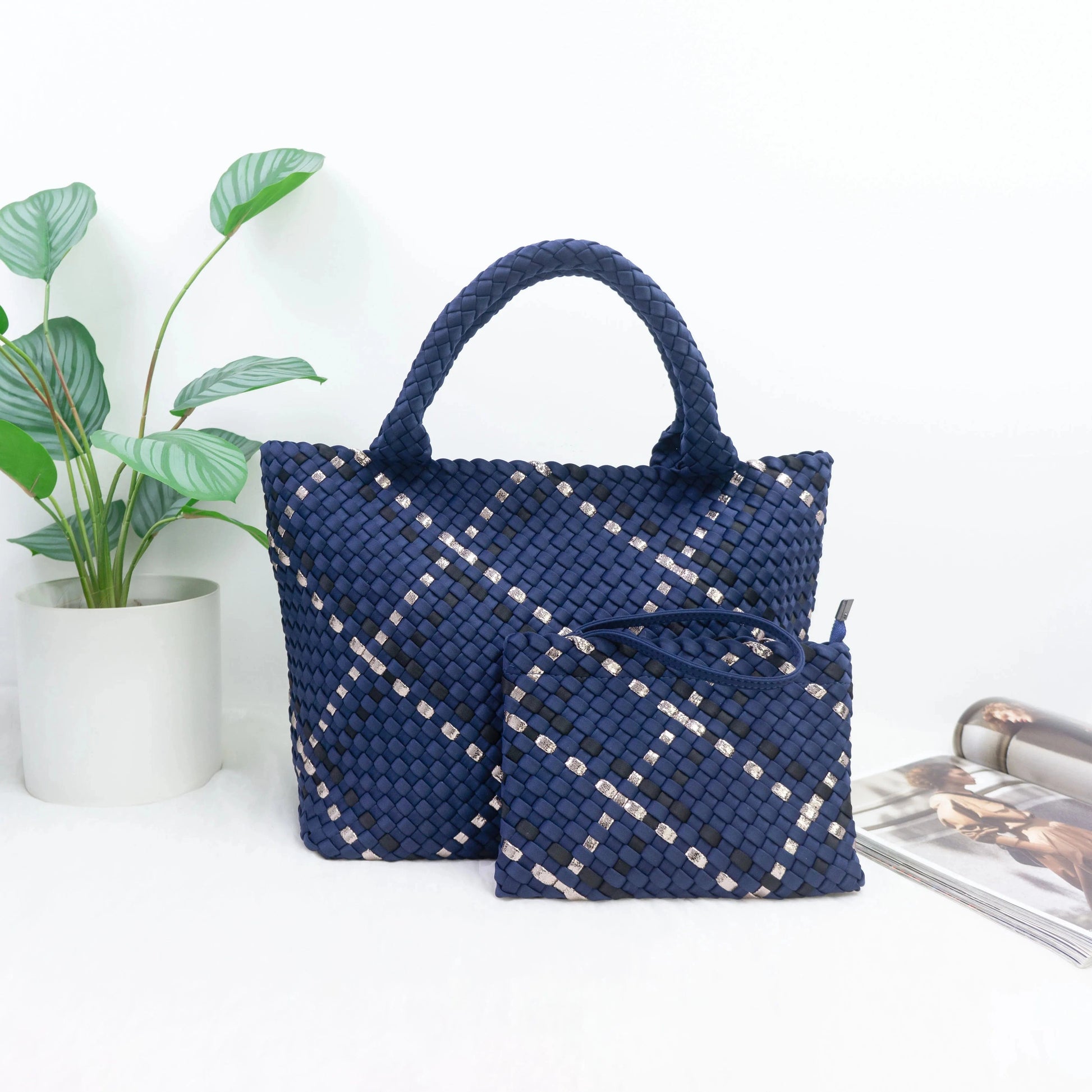 2024 neoprene woven tote bags weave neoprene crossbody purse beach bag with small pouch custom bag