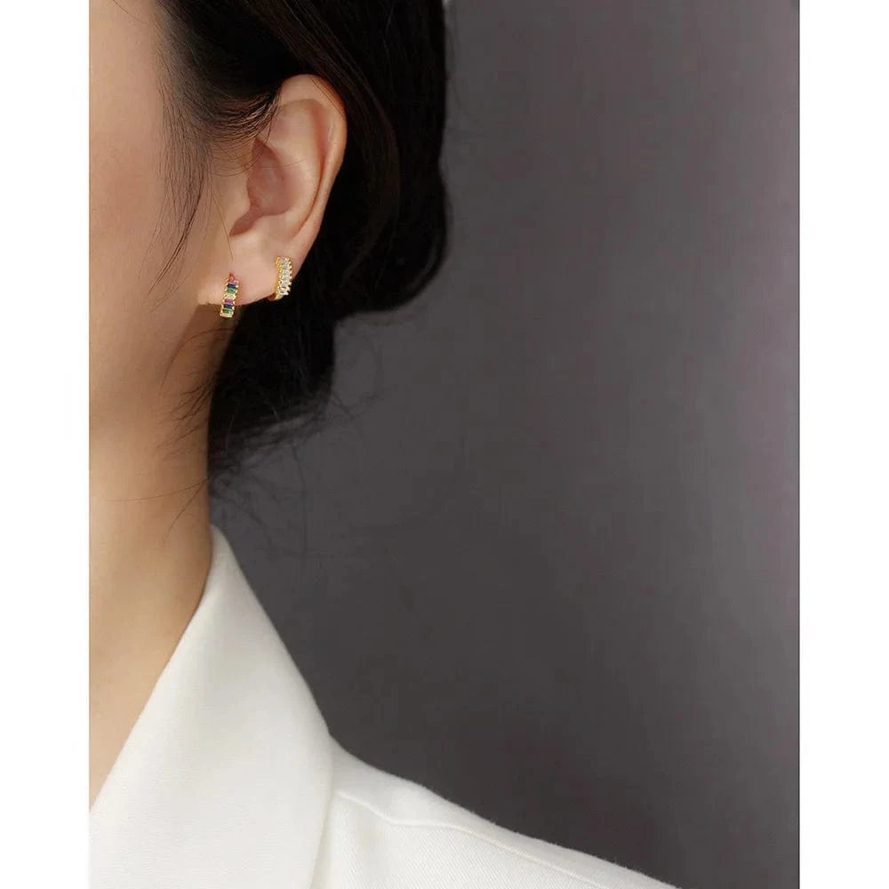 2024 NEW 925 Sterling Silver rainbow rectangular shape with cz diamond  hoop earrings for women jewelry