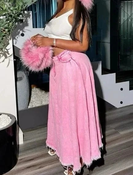 2024 New A-line Rubbed Edge High Waist Fashion Denim Skirts Cotton Spring Summer Casual Retro Women Long Skirts