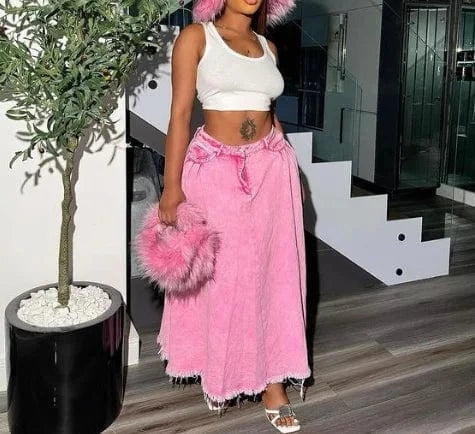 2024 New A-line Rubbed Edge High Waist Fashion Denim Skirts Cotton Spring Summer Casual Retro Women Long Skirts