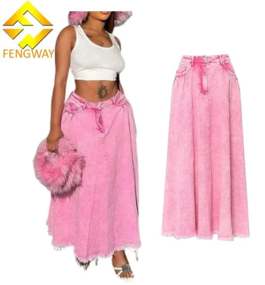 2024 New A-line Rubbed Edge High Waist Fashion Denim Skirts Cotton Spring Summer Casual Retro Women Long Skirts