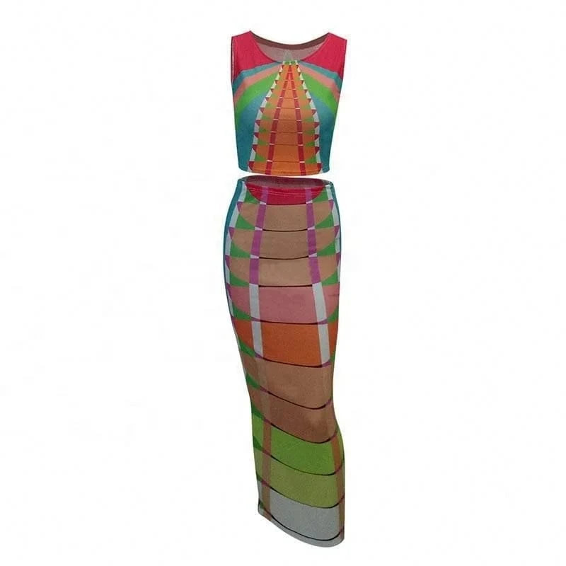 2024 New Alternating Colorful Striped Top Set Sleeveless Round Neck Positioning Print Sexy Irregular Maxi Dress Two Piece Set