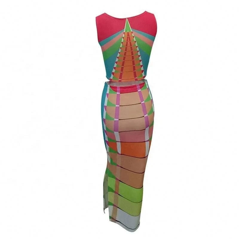 2024 New Alternating Colorful Striped Top Set Sleeveless Round Neck Positioning Print Sexy Irregular Maxi Dress Two Piece Set