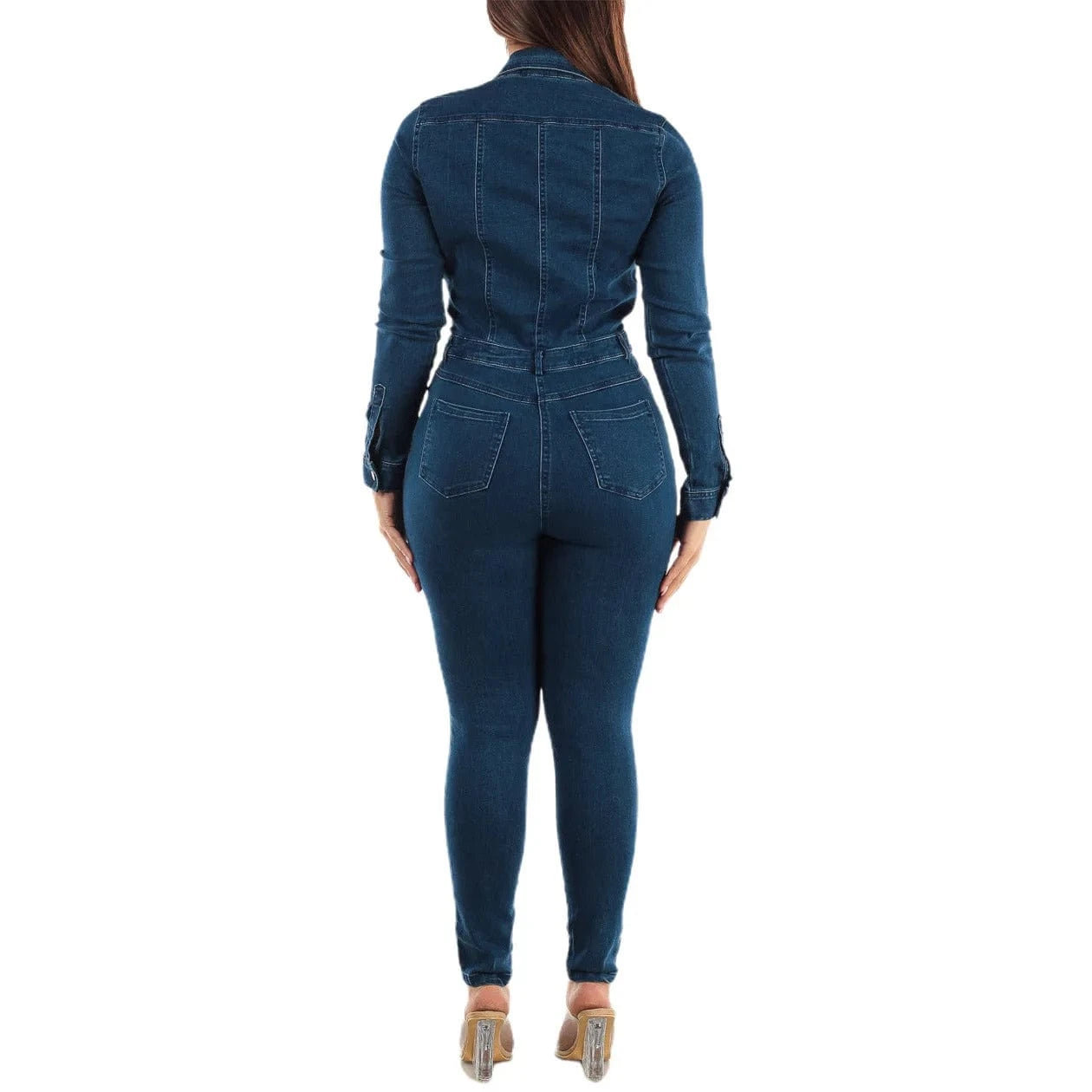 2024 New Arrival Brand Denim Jumpsuits Slim Fit Stretch Pencil Jeans Solid Turn-down Collar Long Sleeve Casual Bodycon Rompers