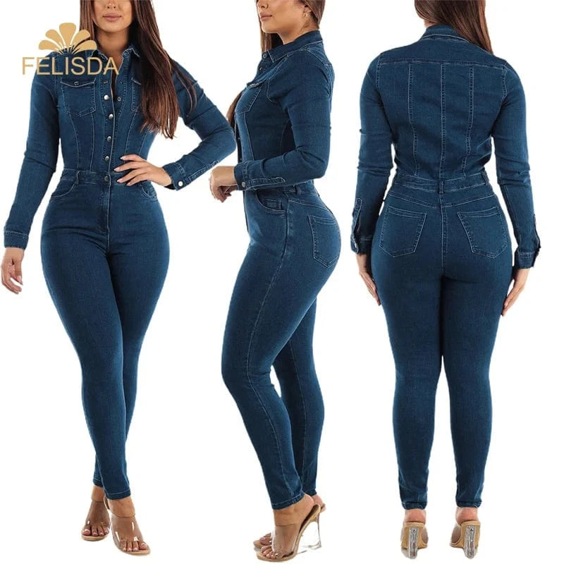 2024 New Arrival Brand Denim Jumpsuits Slim Fit Stretch Pencil Jeans Solid Turn-down Collar Long Sleeve Casual Bodycon Rompers