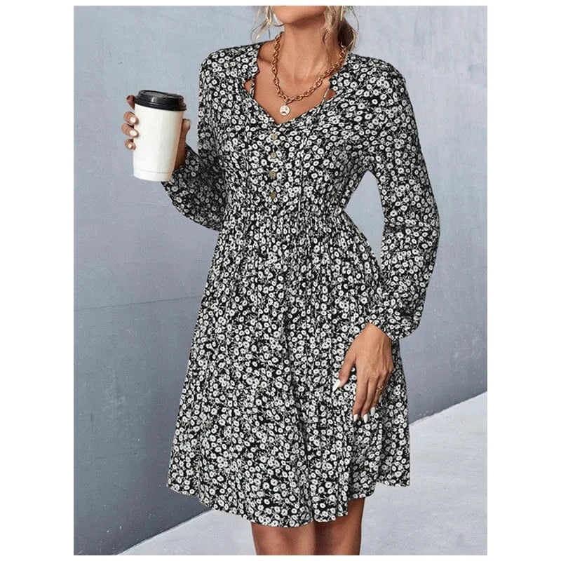 2024 New Arrival Fashion Chiffon Floral Dress Casual Button V Neck Flower Printed Long Sleeve Dresses Women Elegant Long Dress