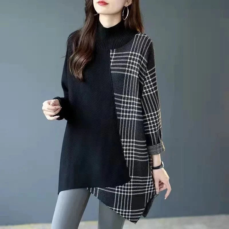 2024 New arrival high-quality fashion women's crew-neck long-sleeved plaid loose knit pullover sweater