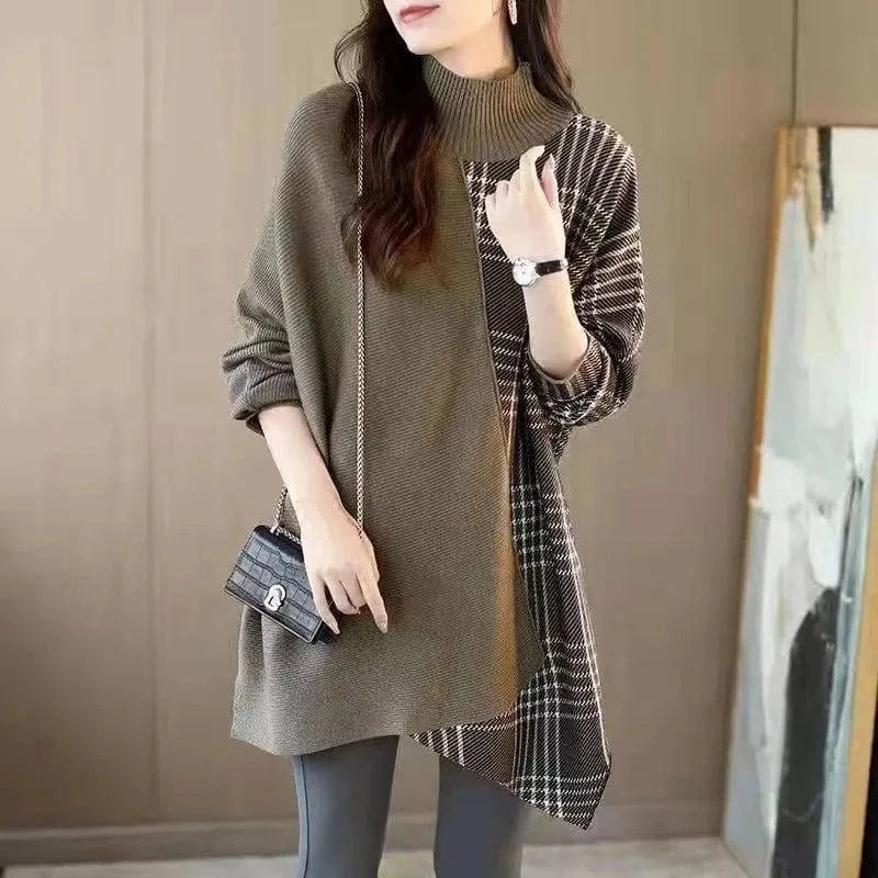2024 New arrival high-quality fashion women's crew-neck long-sleeved plaid loose knit pullover sweater