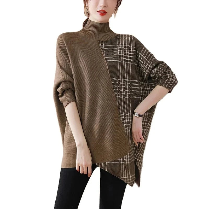 2024 New arrival high-quality fashion women's crew-neck long-sleeved plaid loose knit pullover sweater