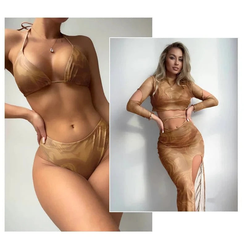 2024 New Arrival Hot selling Stock Woman's 4 Pieces Bikini with Cover up Dress Swimwear Woman Trend Separate swim dress