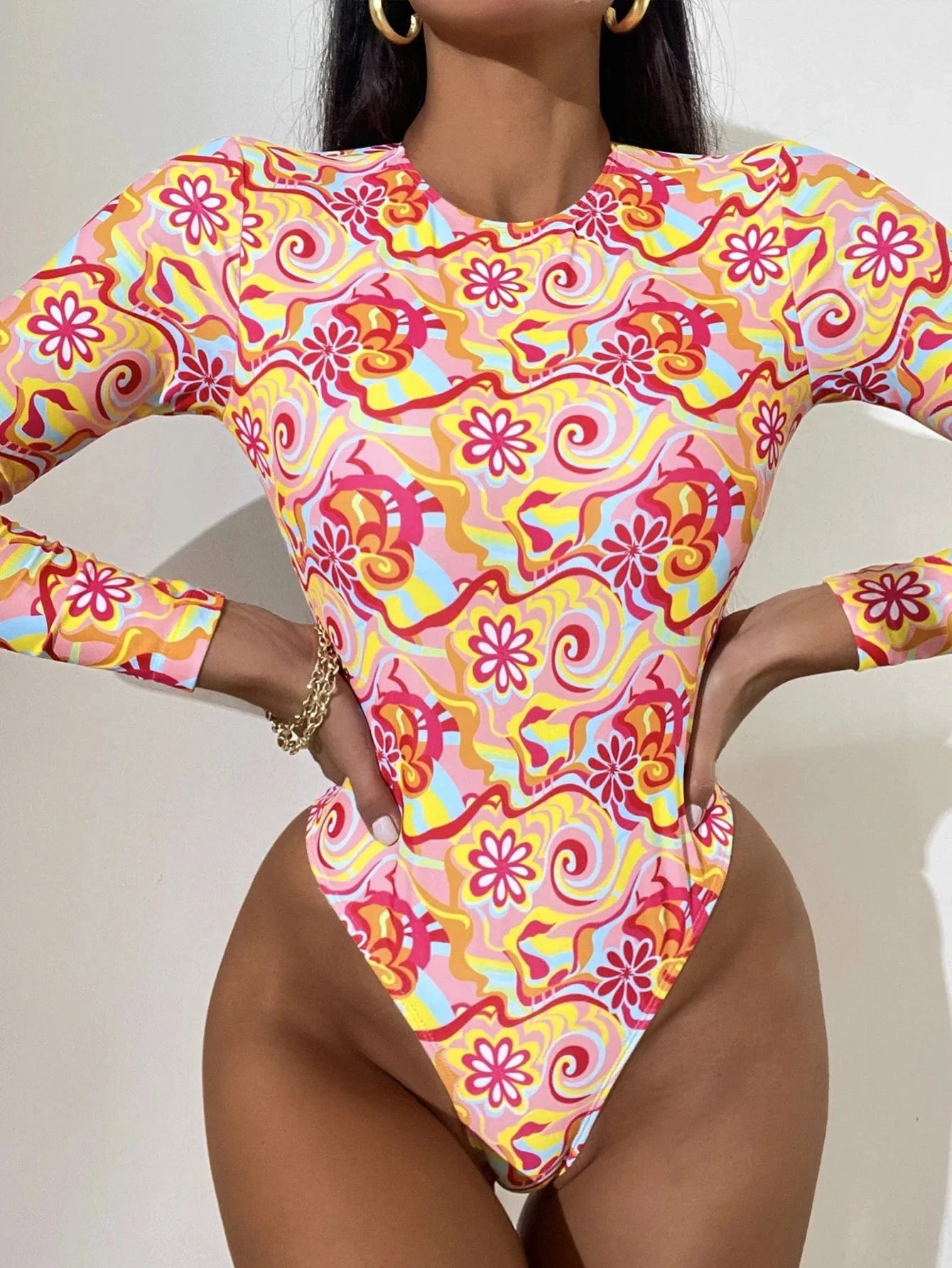 2024 New Arrival Maillot De Bain Long Sleeve Designer Print Flowers Surfsuit Tummy Control High Waist Beachwear Swimsuits Women