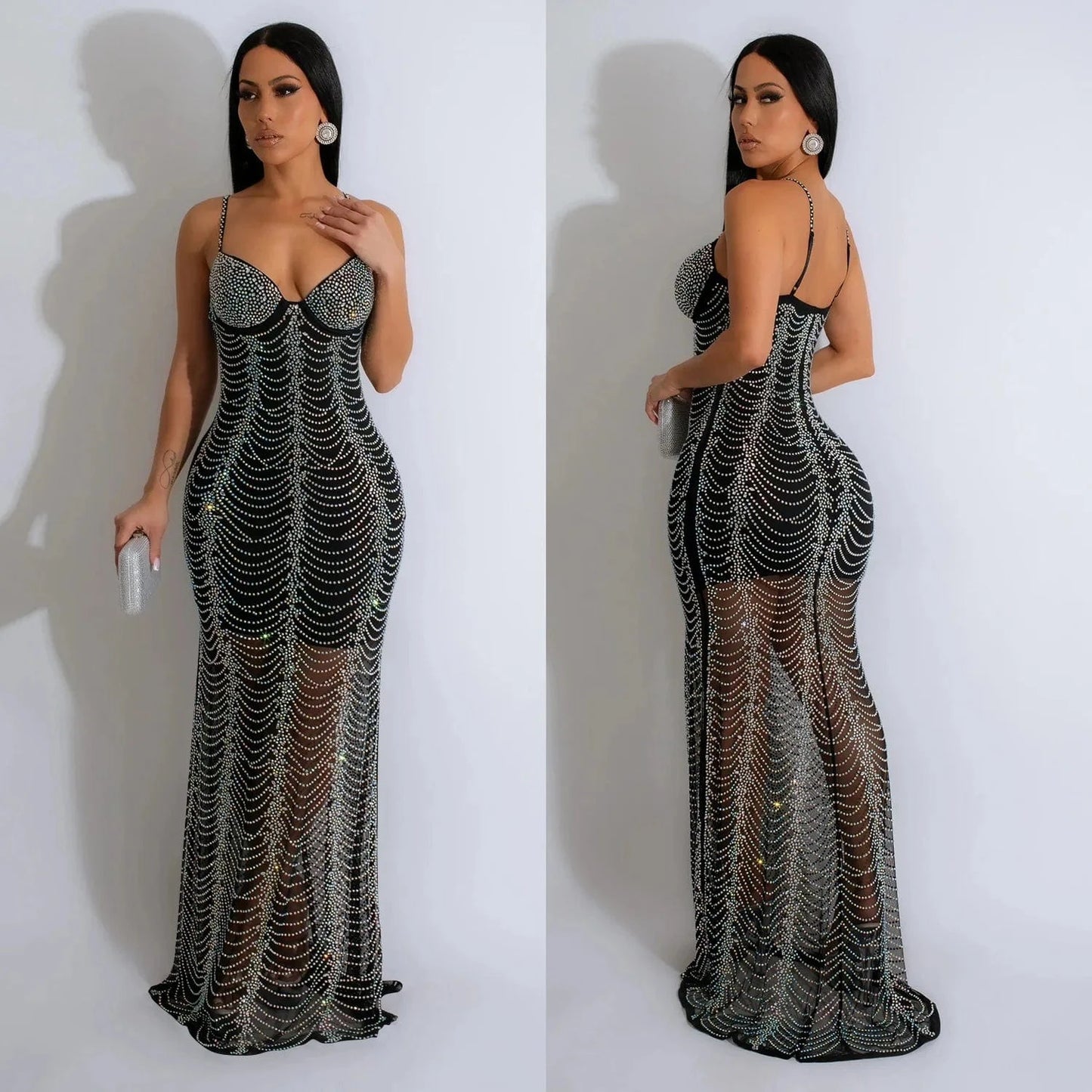 2024 New Arrival Sexy Mesh Beaded Luxury Party Evening Club Woman Maxi Dress