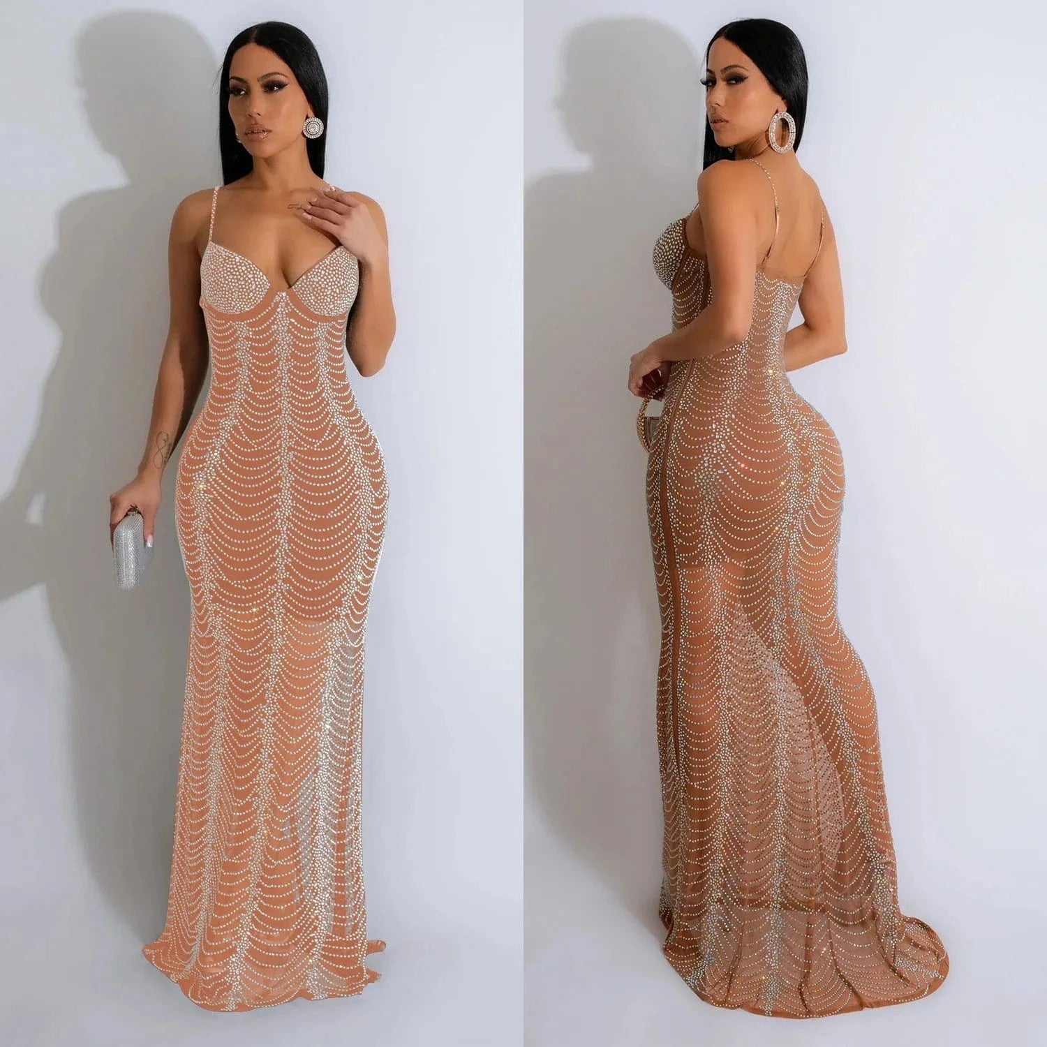 2024 New Arrival Sexy Mesh Beaded Luxury Party Evening Club Woman Maxi Dress
