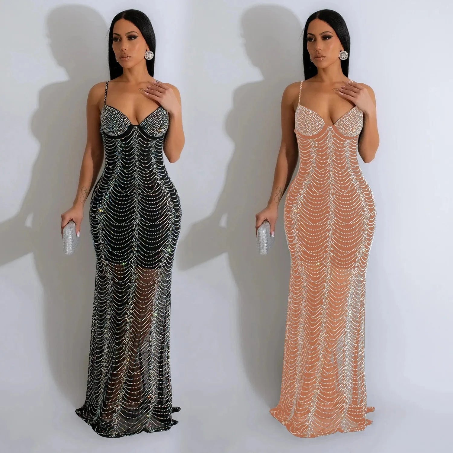 2024 New Arrival Sexy Mesh Beaded Luxury Party Evening Club Woman Maxi Dress
