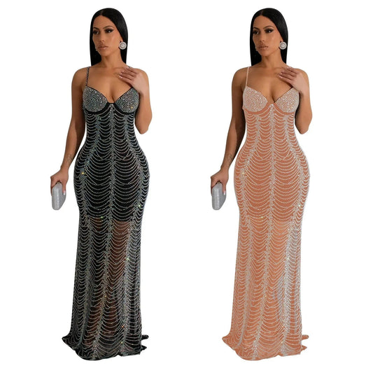 2024 New Arrival Sexy Mesh Beaded Luxury Party Evening Club Woman Maxi Dress
