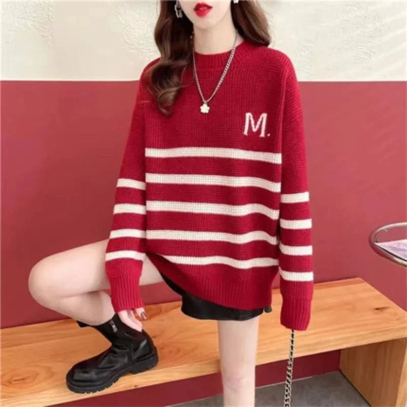 2024 New arrival spring and autumn high-quality fashion women's cheap crew neck striped loose knit boutique pullover sweater