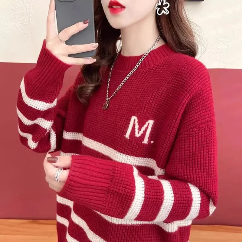 2024 New arrival spring and autumn high-quality fashion women's cheap crew neck striped loose knit boutique pullover sweater