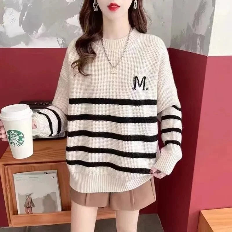 2024 New arrival spring and autumn high-quality fashion women's cheap crew neck striped loose knit boutique pullover sweater