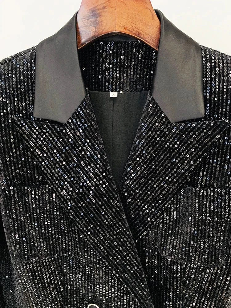 2024 New Arrival Spring Fashion Velvet Sequin Double Breast Women Blazer Set
