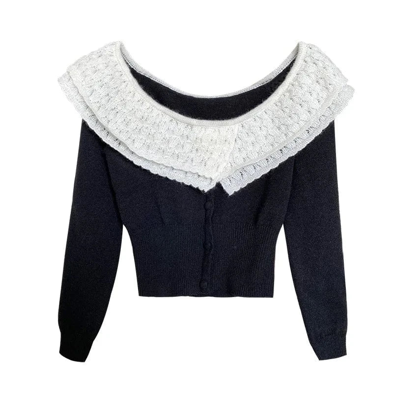 2024 New Arrival Spring Peter Pan Collar Single-breaseted Long Sleeve Sweater Knitted Short Crop Top Cardigan