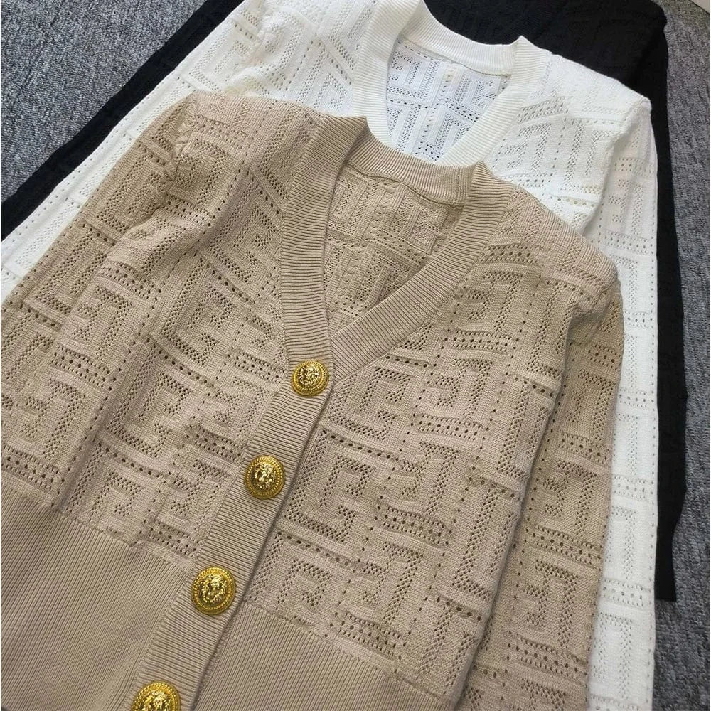 2024 New Arrival Spring Summer Women Solid V-neckline Coat Design Knitted Office Lady Single-breasted Hollow Out Cardigan