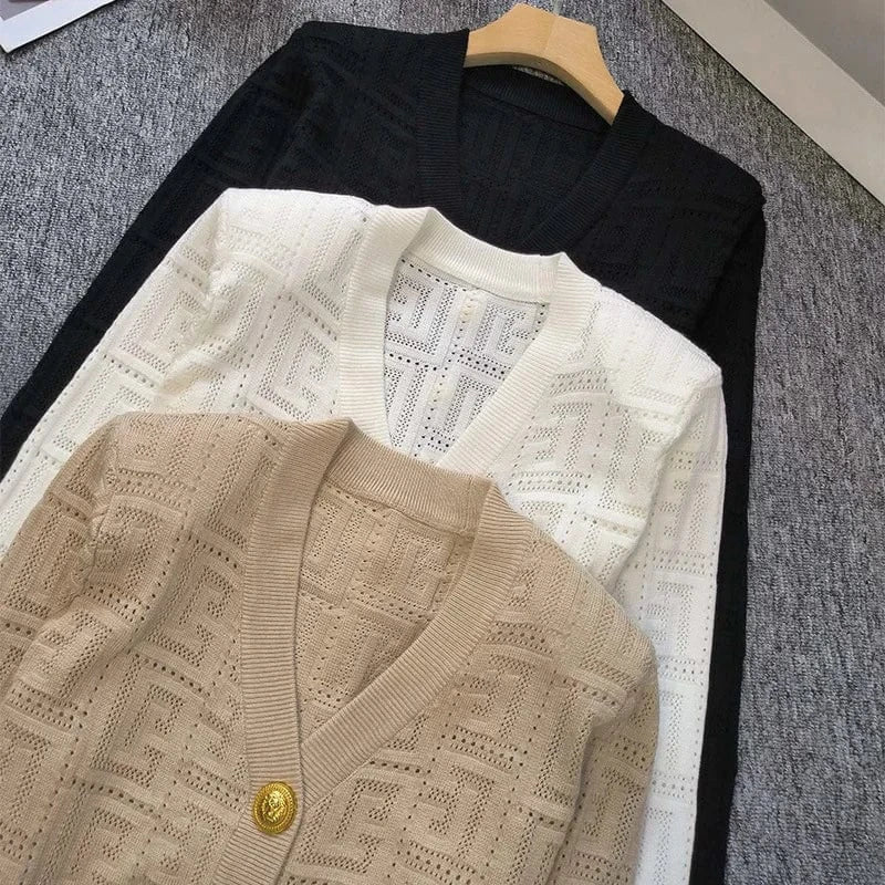 2024 New Arrival Spring Summer Women Solid V-neckline Coat Design Knitted Office Lady Single-breasted Hollow Out Cardigan