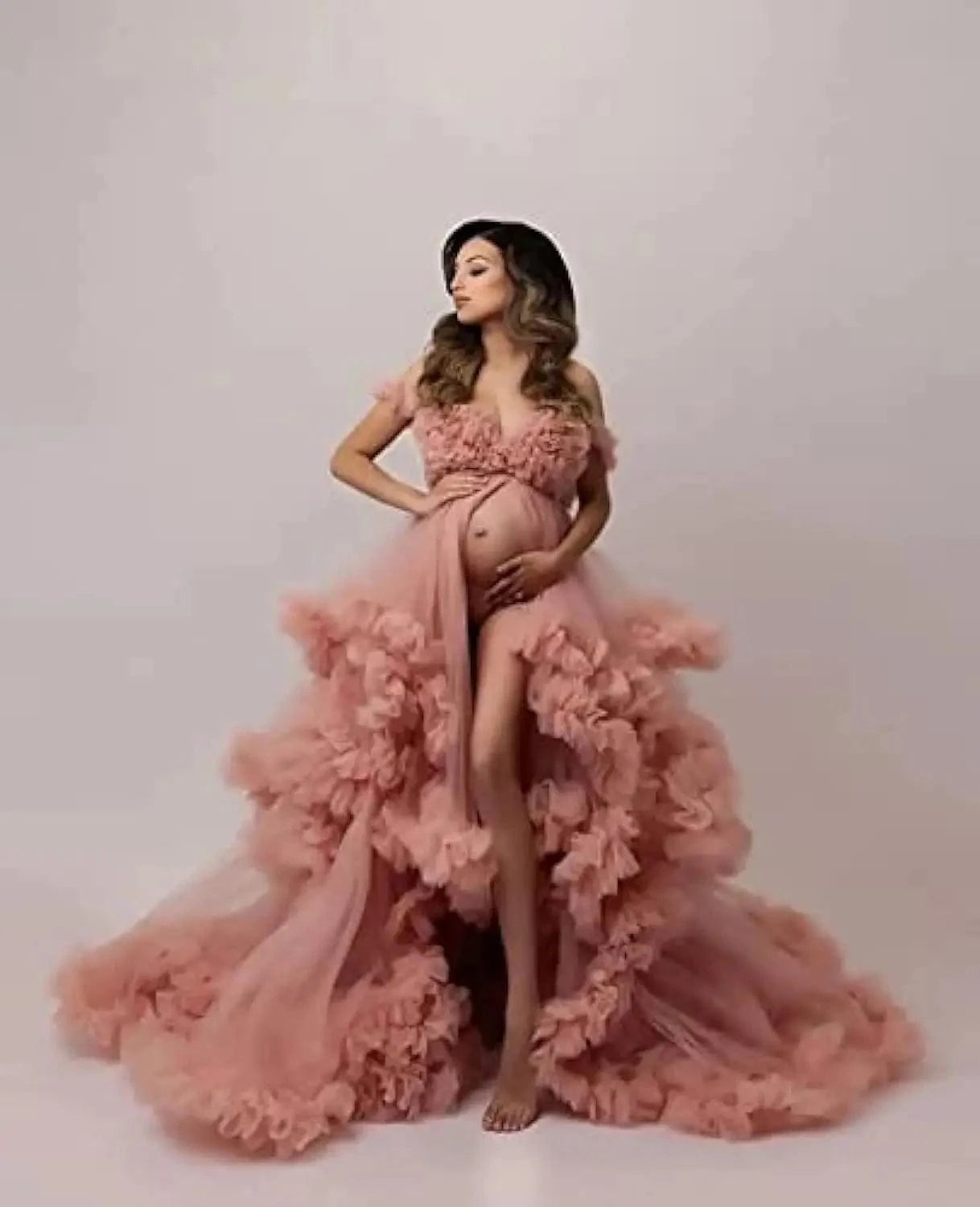 2024 new arrival Tiered Ruffle Photography Off Shoulder Maternity Pregnancy Dress Women Fluffy Tulle Dresses for Baby Shower