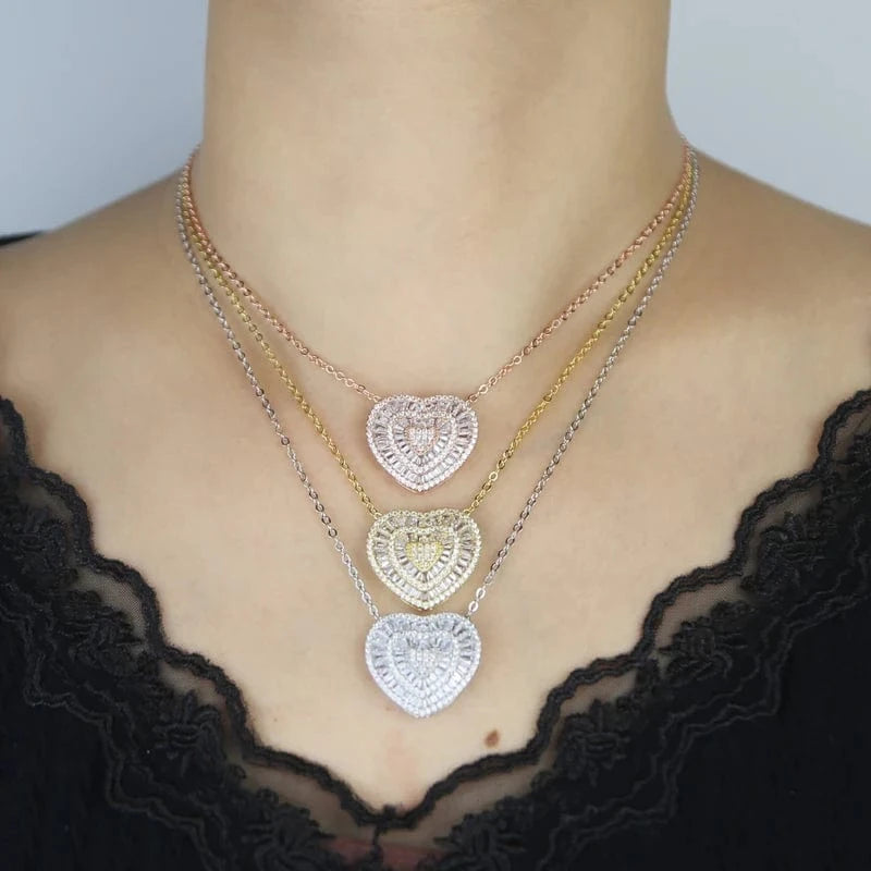 2024 New Arrival Valentine's Day Gift Bling Fashion Women Jewelry Micro Pave 5A Cubic Zirconia CZ Heart Charm Pendant Necklace