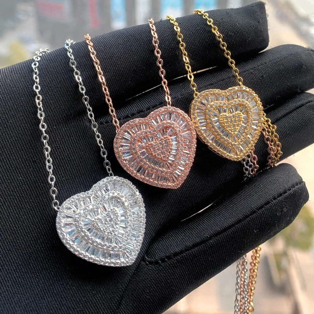 2024 New Arrival Valentine's Day Gift Bling Fashion Women Jewelry Micro Pave 5A Cubic Zirconia CZ Heart Charm Pendant Necklace