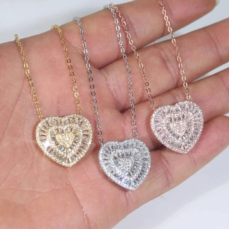 2024 New Arrival Valentine's Day Gift Bling Fashion Women Jewelry Micro Pave 5A Cubic Zirconia CZ Heart Charm Pendant Necklace