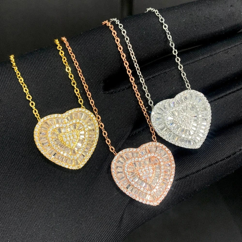 2024 New Arrival Valentine's Day Gift Bling Fashion Women Jewelry Micro Pave 5A Cubic Zirconia CZ Heart Charm Pendant Necklace