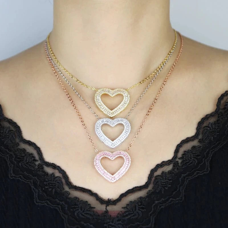 2024 New Arrival Valentine's Day Gift Fashion Women Jewelry Micro Pave 5A Cubic Zirconia CZ Big Hollow Heart Pendant Necklace