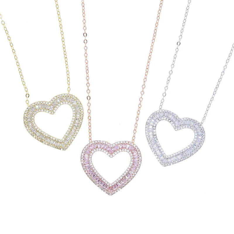 2024 New Arrival Valentine's Day Gift Fashion Women Jewelry Micro Pave 5A Cubic Zirconia CZ Big Hollow Heart Pendant Necklace