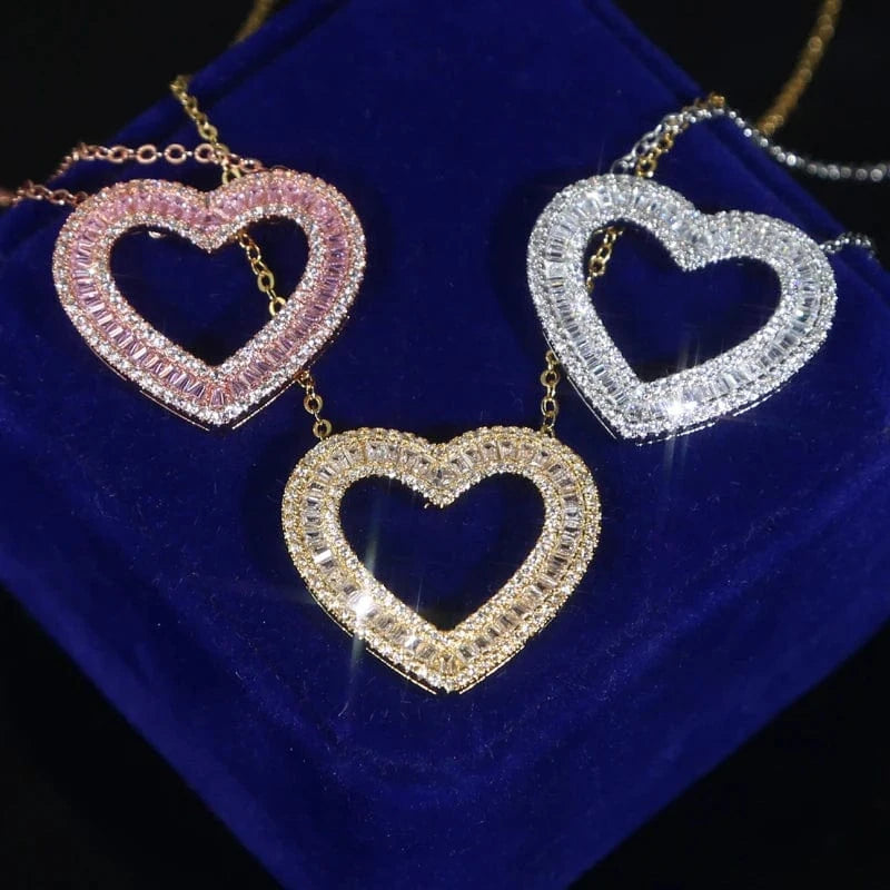 2024 New Arrival Valentine's Day Gift Fashion Women Jewelry Micro Pave 5A Cubic Zirconia CZ Big Hollow Heart Pendant Necklace