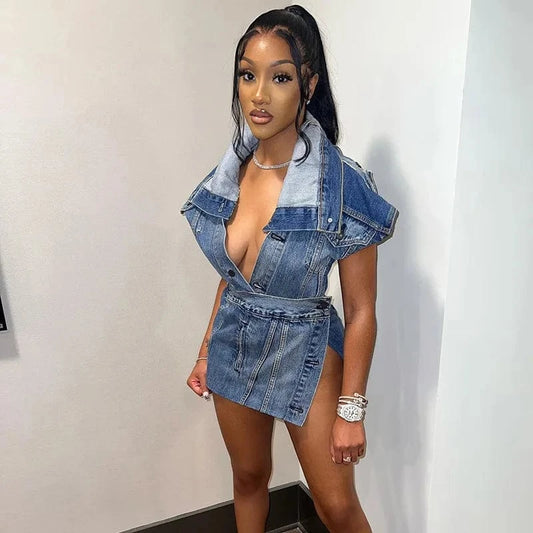 2024 New arrival Women Jean Two Piece Set Women Boutique Clothing Deep V Neck Denim Split Wrap Skirt 2 Piece Sexy Outfits
