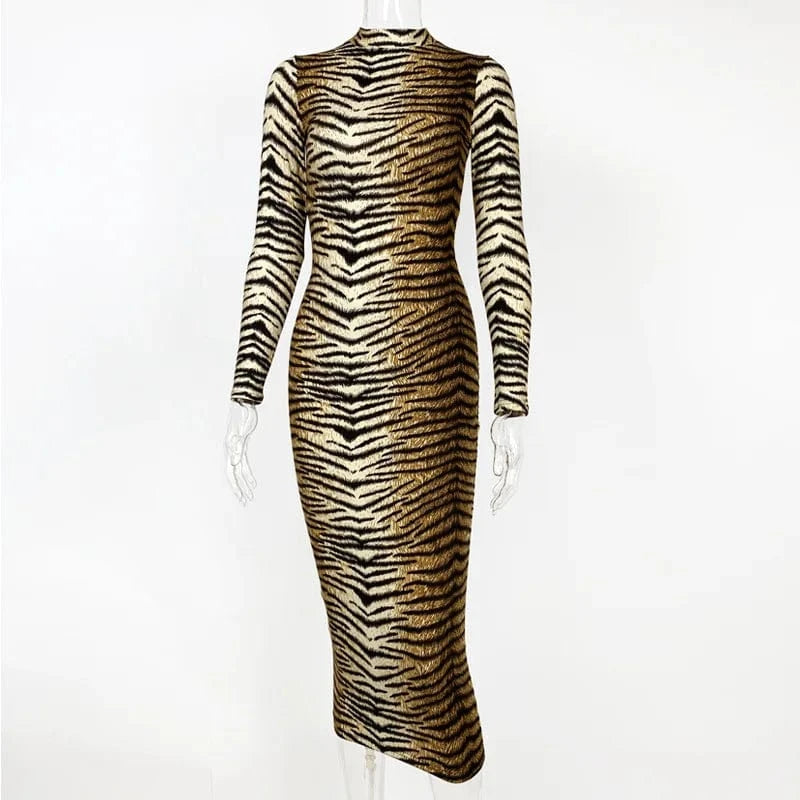2024 New Arrival Women Leopard Tiger Print Long Maxi Dress Sexy Lady Casual Slim Bodycon Evening Dresses
