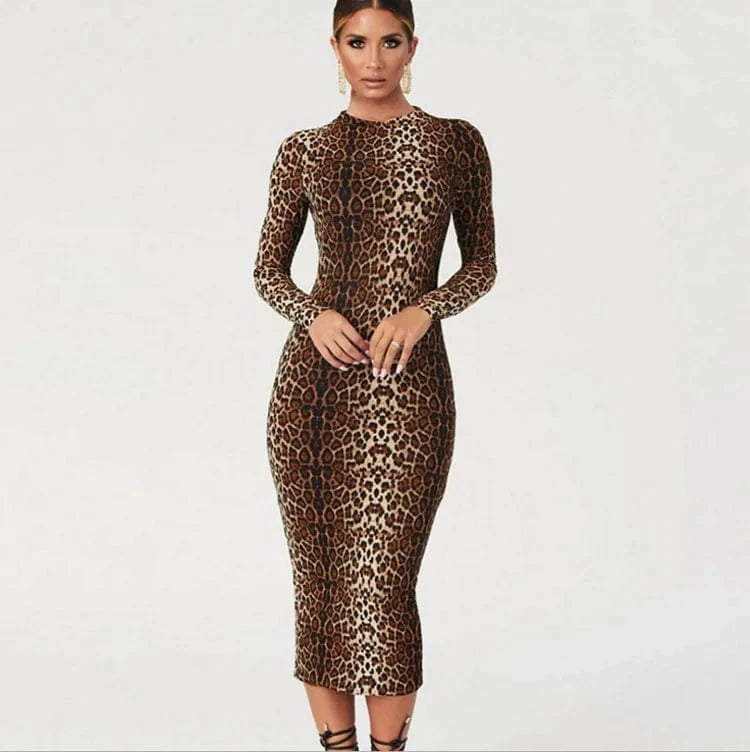 2024 New Arrival Women Leopard Tiger Print Long Maxi Dress Sexy Lady Casual Slim Bodycon Evening Dresses