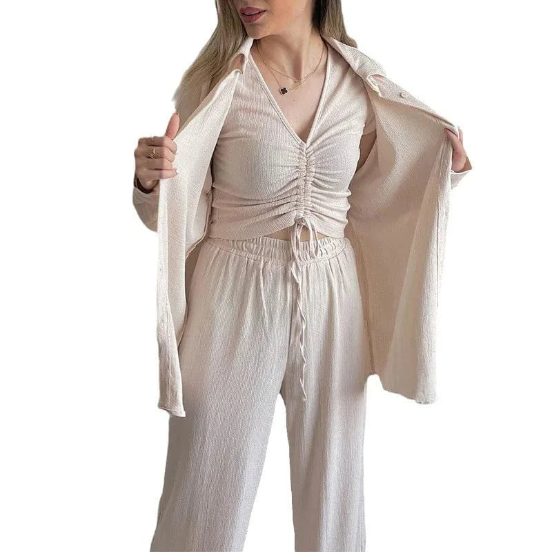 2024 New arrival  women's autumn long sleeve shirt drawstring short sleeve wide leg pants three pieces set