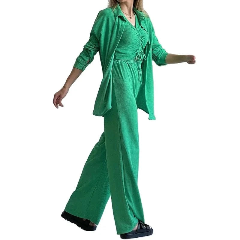 2024 New arrival  women's autumn long sleeve shirt drawstring short sleeve wide leg pants three pieces set